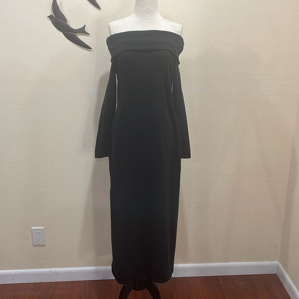 Peruvian Connection Black Pima Cotton Portrait Collar Long Sleeve Dress, M, NEW!